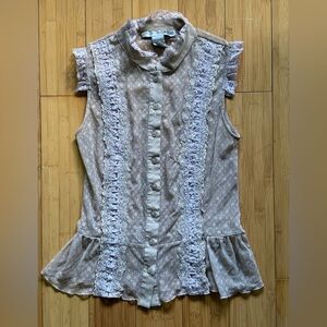 Necessary Objects Sleeveless Ruffle-Trim Blouse in Light Taupe and White